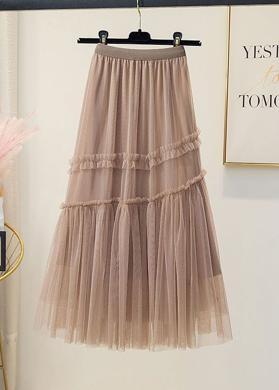 Brown Wrinkled Patchwork Bow Tulle Skirt Spring