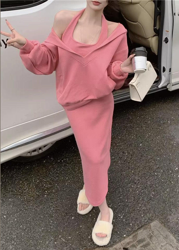 Loose Pink Hooded Pockets Tops and Dress Cotton Two Pieces Set Spring