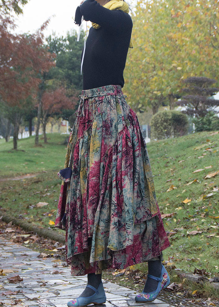 Print Wrinkled Asymmetrical Patchwork Cotton Skirts Fall