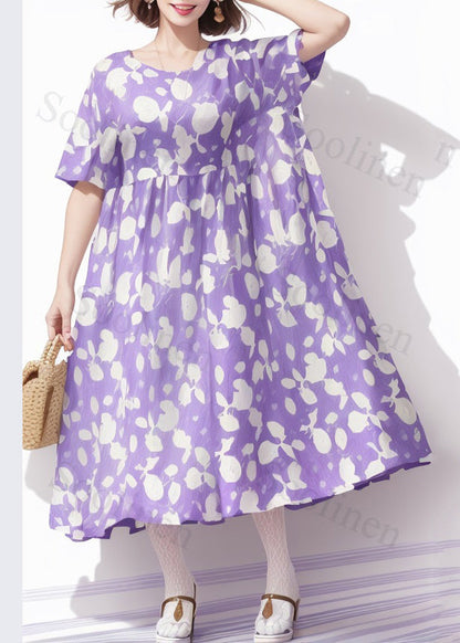 Purple O-neck Print Wrinkled Silk Dress Summer