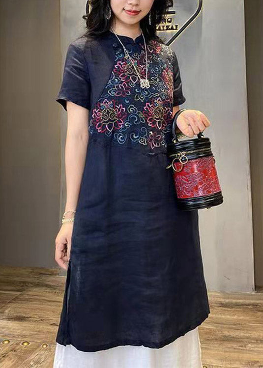 Mulberry Stand Collar Embroideried Linen Long Dress Short Sleeve