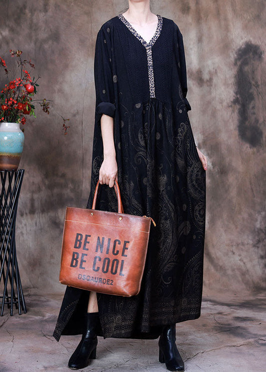 Black Side Open Patchwork Velour Long Dresses Spring