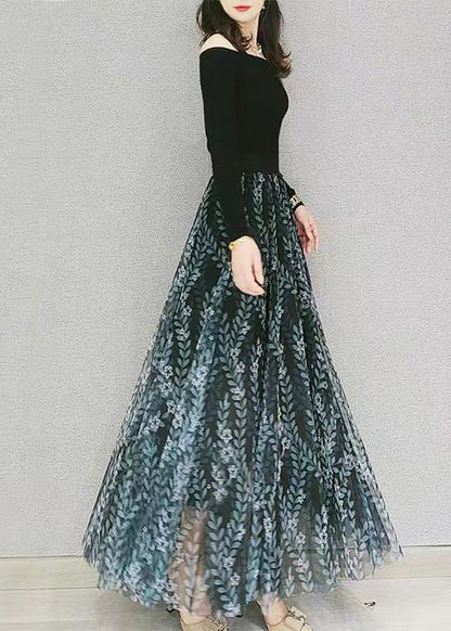 Green Print Elastic Waist Loose Tulle Skirt Spring