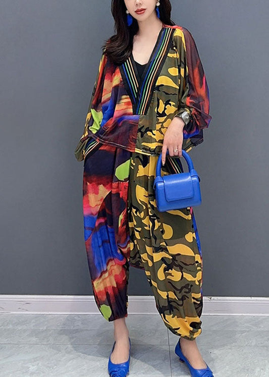 Organic Yellow Camouflage V Neck Asymmetrical Print Top and Harem Pants Two Piece Set Fall