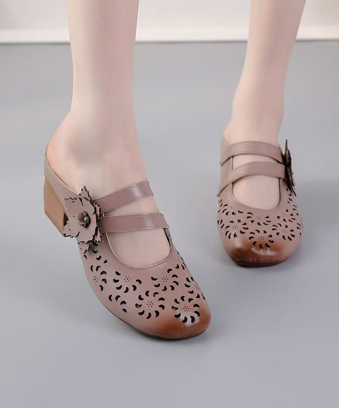 Cowhide Leather Splicing Brown Slide Sandals Hollow Out