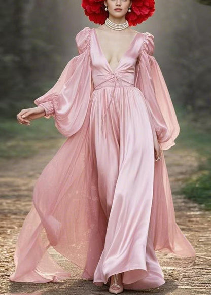 New Pink V Neck Lace Up Maxi Dress Lantern Sleeve