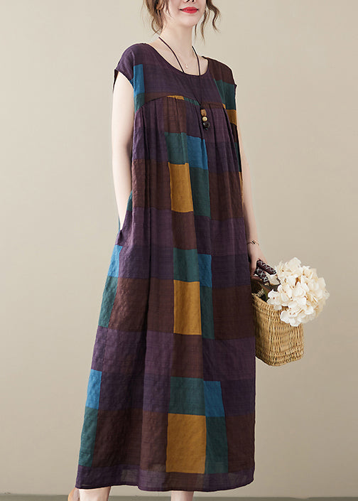 Purple Plaid Patchwork Linen Ankle Dress Wrinkled Short Sleeve