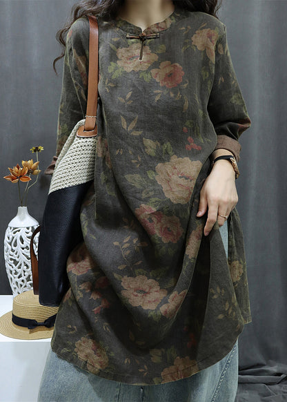 Black Print Button Linen Shirts Dress Bracelet Sleeve Fall