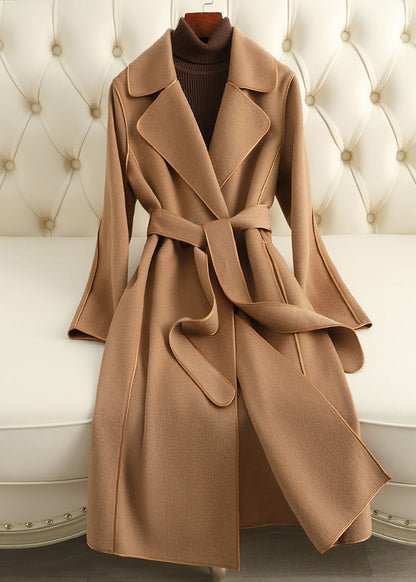 Camel Notched Patchwork Tie Waist Woolen Long Coats Fall