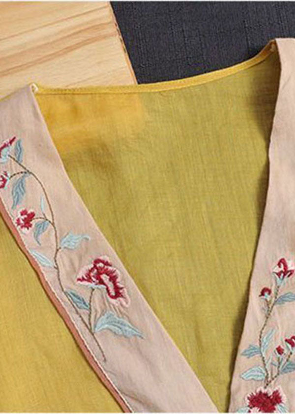 Yellow V Neck Embroideried Cotton Linen Blouse Tops Bracelet Sleeve