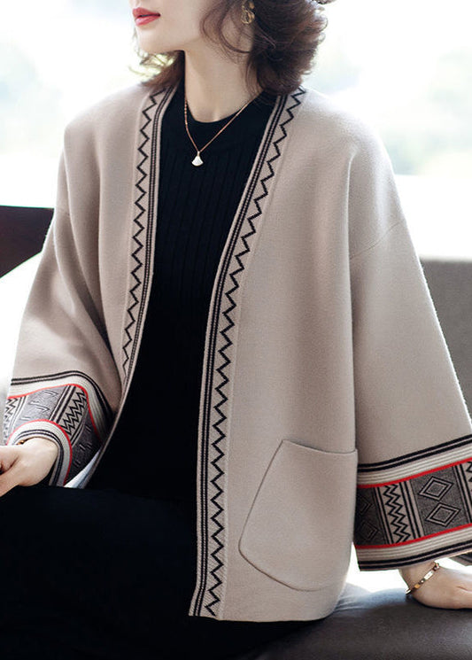 Camel V Neck Print Pockets Patchwork Knit Cardigans Fall