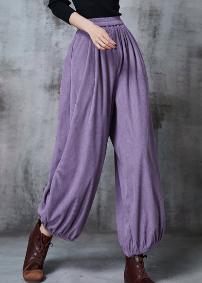 Purple Elastic Waist Corduroy Pants Spring