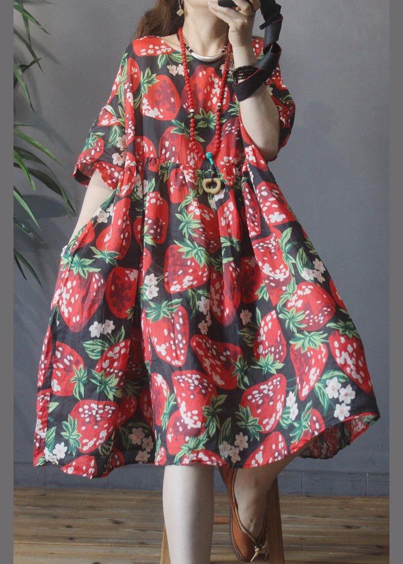 Black Print Strawberry High Waist Long Dresses Summer Linen