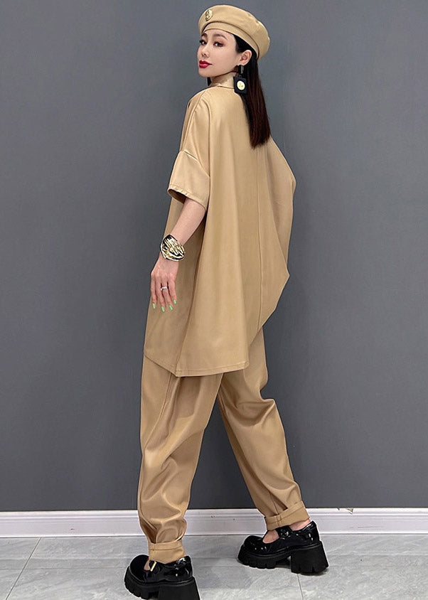 Khaki Peter Pan Collar Top and Pants Two Pieces Set Summer