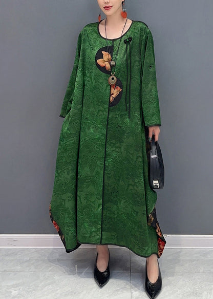 Chinese Style Red O-neck Patchwork Holiday Silk Long Dress Long Sleeve