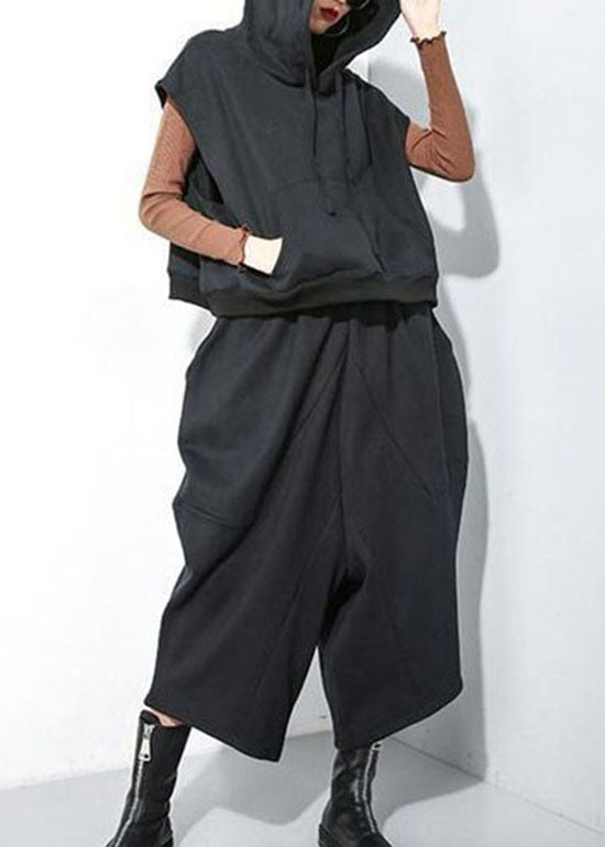 Black Pockets Warm Fleece Two Pieces Set Drawstring Sleeveless Waistcoat