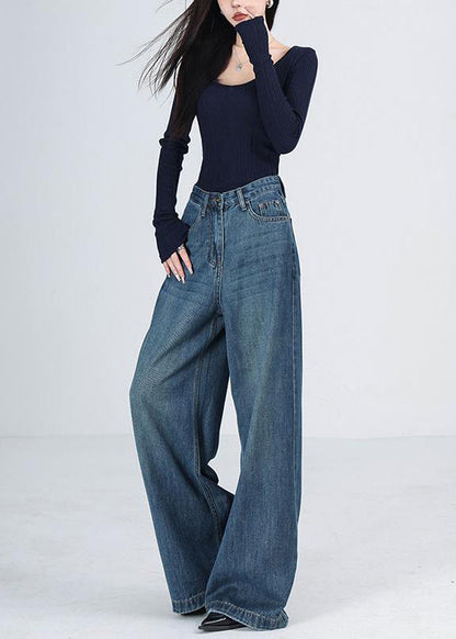Blue Pockets High Waist Denim Wide Leg Pants Spring