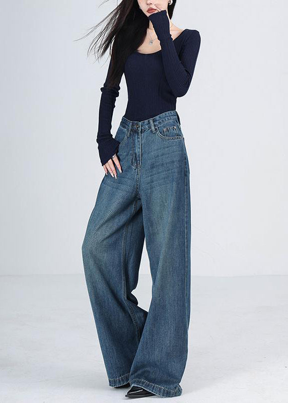 Blue Pockets High Waist Denim Wide Leg Pants Spring