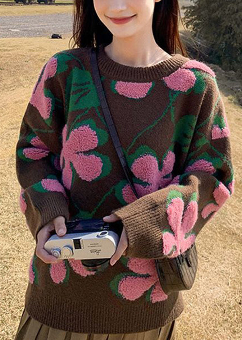 Loose Pink O Neck Thick Knit Sweater Spring