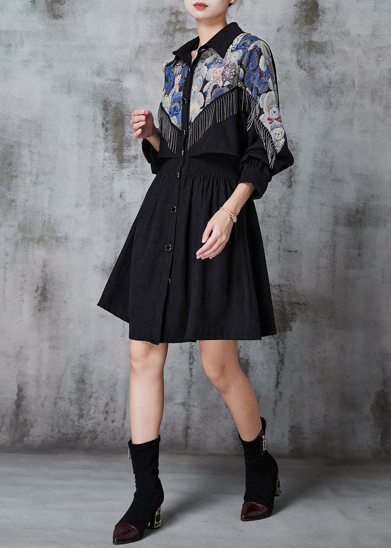 Black Tasseled Patchwork Cotton Dress Spring
