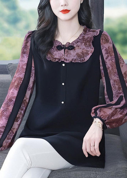 Purple Chinese Button Patchwork Spandex Fake Two Piece Tops Fall