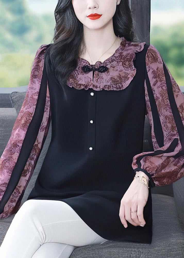 Purple Chinese Button Patchwork Spandex Fake Two Piece Tops Fall
