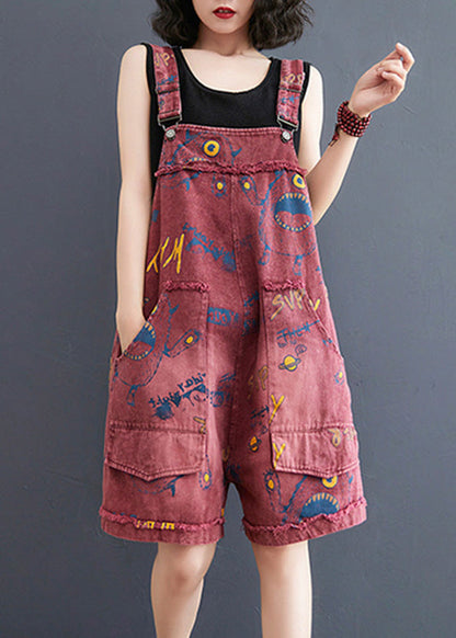 Red Slash Neck Print Patchwork Denim Jumpsuit Summer