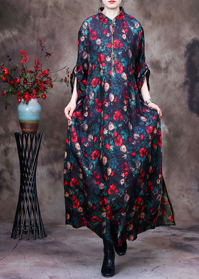 Black Stand Collar Print Side Open Silk Long Dresses Long Sleeve