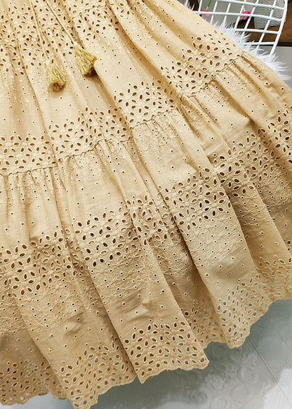 Green Embroideried Tasseled Hollow Out Cotton Skirt Summer