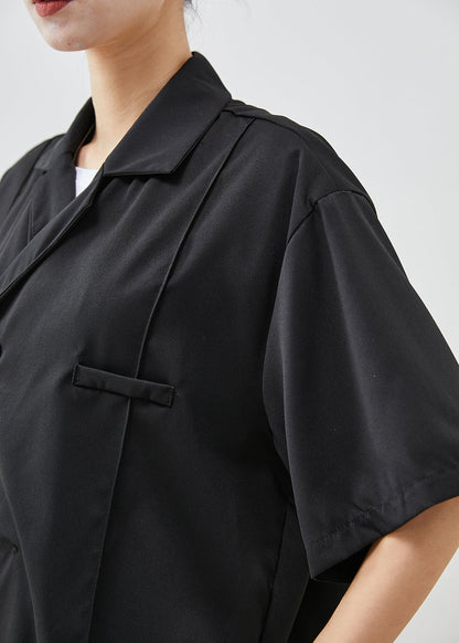 Black Oversized Chinese Button Cotton Shirt Short Sleeve