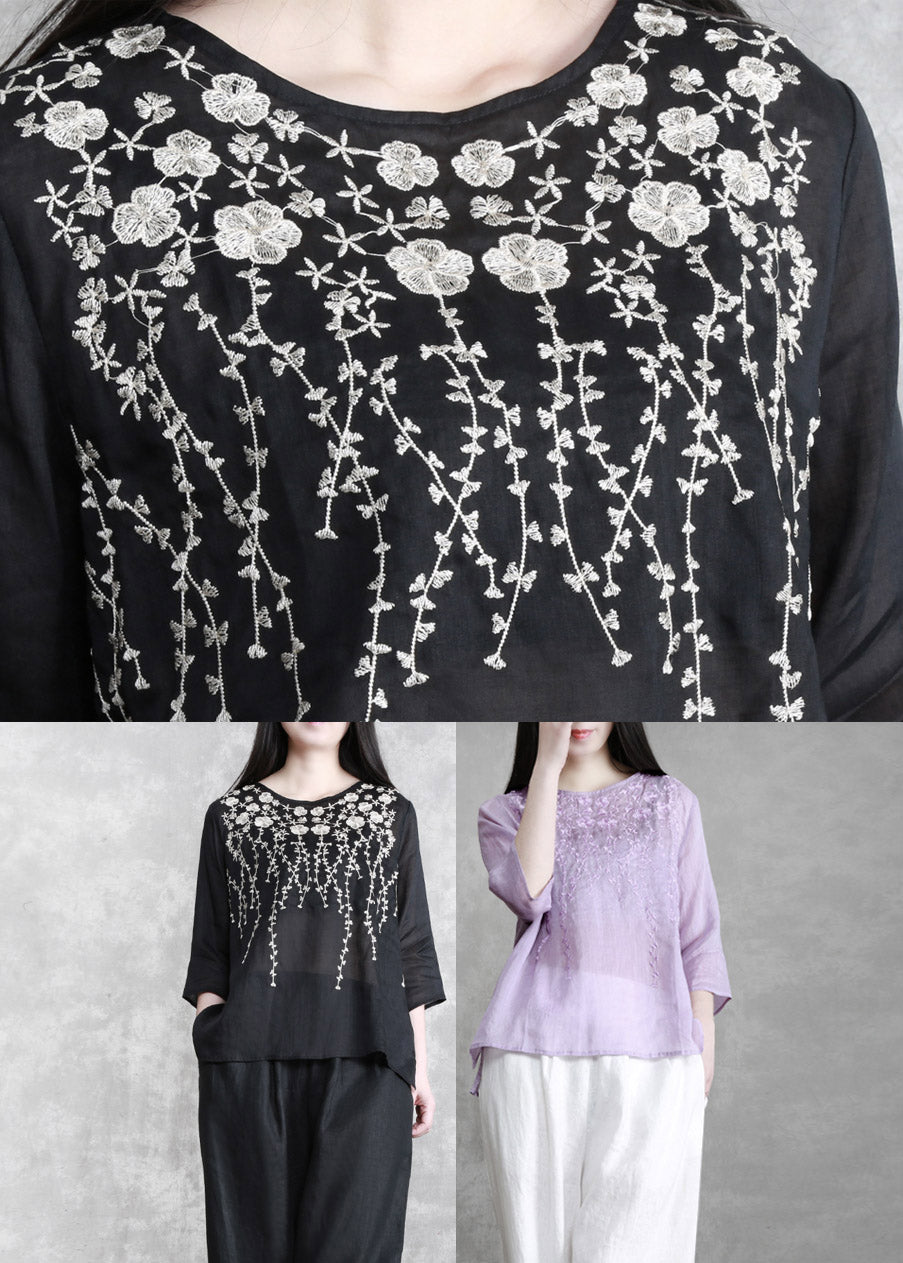 Black Embroideried Linen Top Three Quarter Sleeve
