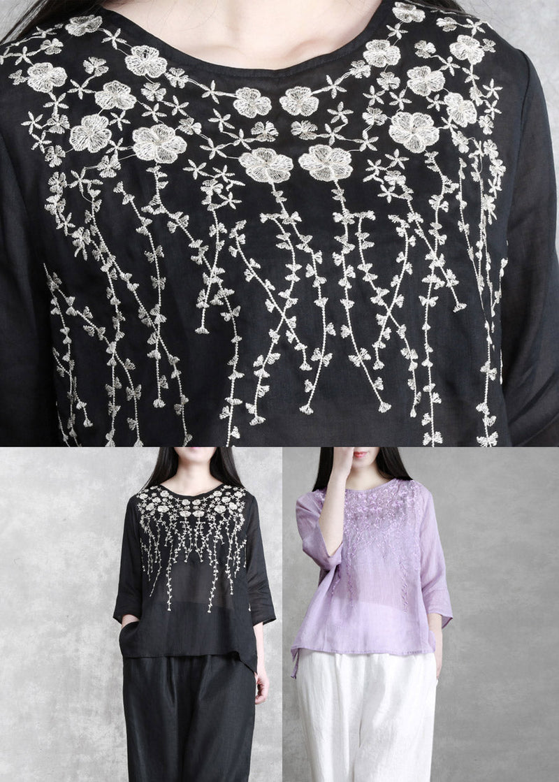 Black Embroideried Linen Top Three Quarter Sleeve