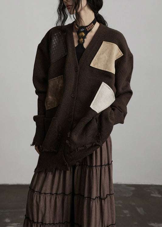 Chocolate Oversized Patchwork Applique Knit Cardigan Winter