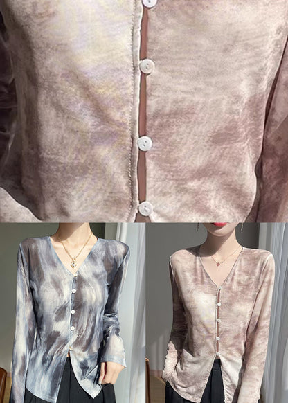 Stylish Grey V Neck Print Tulle T Shirt Fall
