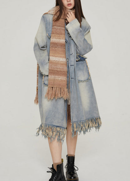 Blue Tasseled Pockets Patchwork Denim Long Coats Fall