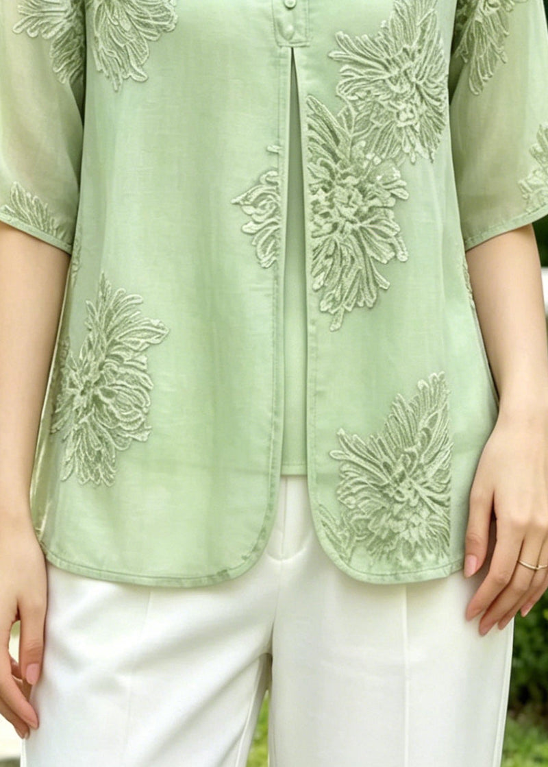 Green Embroidered Silk Fake Two Piece Shirts Summer
