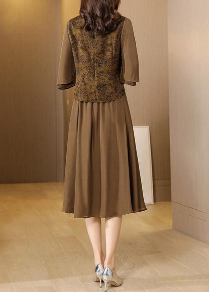 Coffee Peter Pan Collar Embroideried Silk Two Piece Set Summer