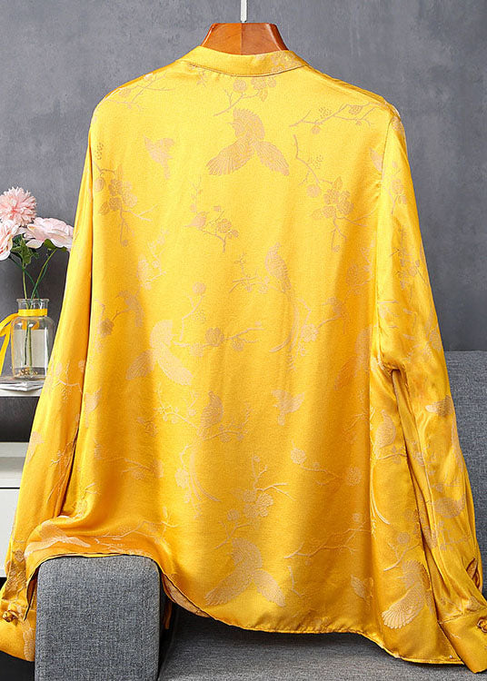 Yellow Stand Collar Button Jacquard Silk Tops Spring