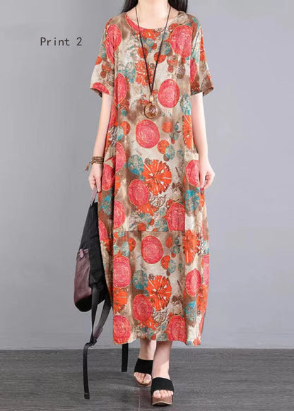 O Neck Print Patchwork Cotton Long Dresses Summer