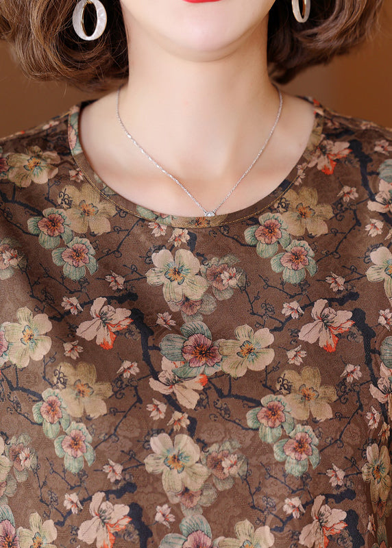 Caramel O Neck Print Patchwork Silk Shirts Half Sleeve