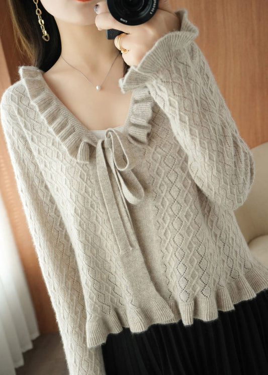 Camel Ruffled Lace Up Knitting Cardigans Long Sleeve