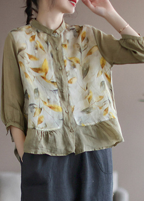 Khaki Peter Pan Collar Print Linen Shirt Long Sleeve