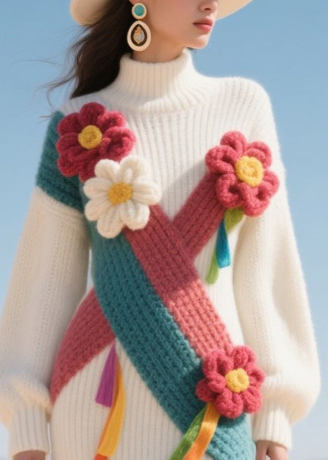 White High Neck Patchwork Flower Knit Sweater Dress Winter