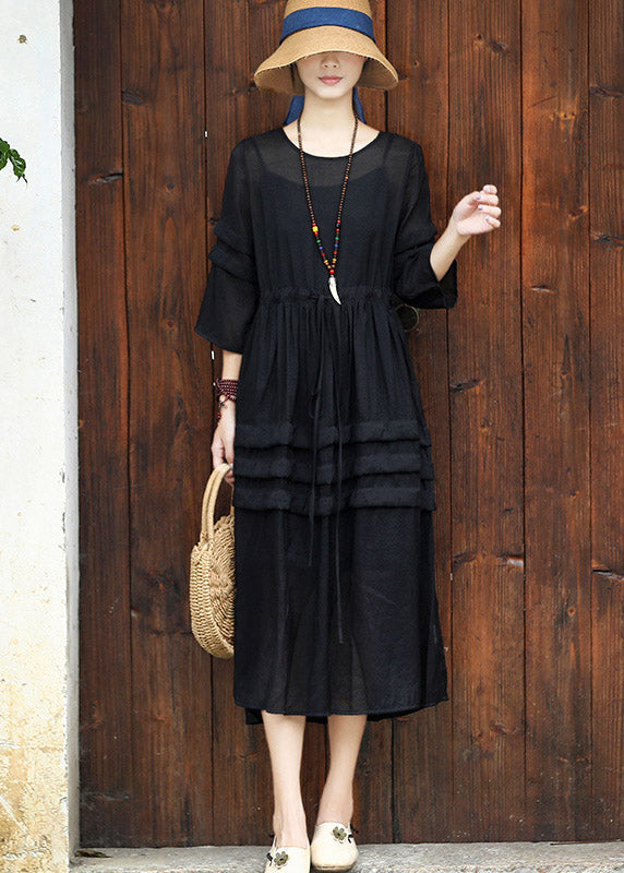 Black O-neck Drawstring Cotton Long Dress Two Pieces Set Summer
