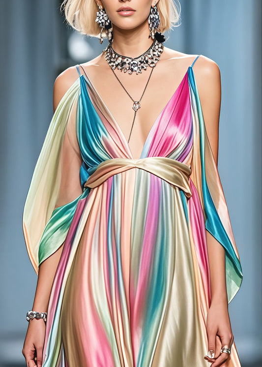 Gradient Color Cold Shoulder Exra Large Hem Silk Party Dress Summer