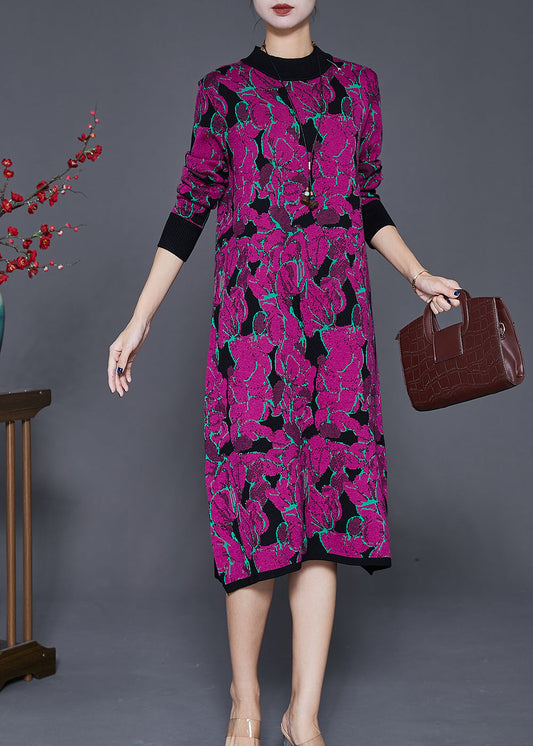 Purple Print Complimentary Scarf Long Knit Dress Fall