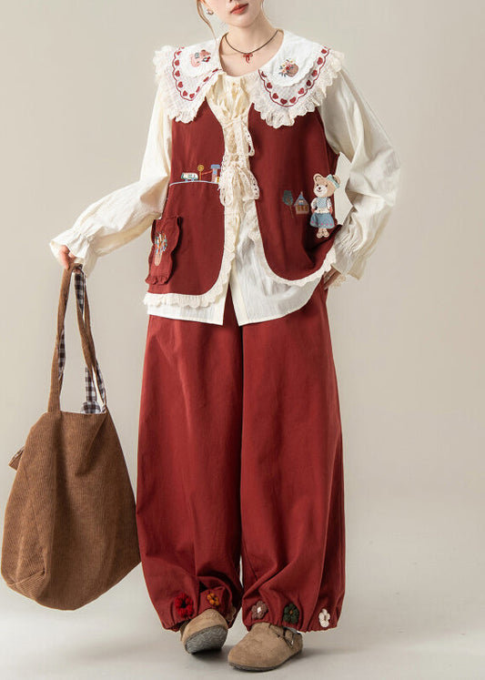 Red Peter Pan Collar Lace Patchwork Cotton Three Piece Set Fall