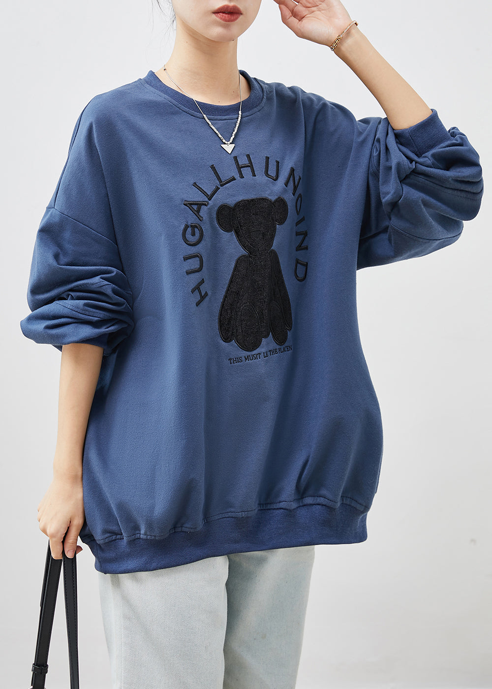 Blue Embroideried Oversized Cotton Pullover Spring