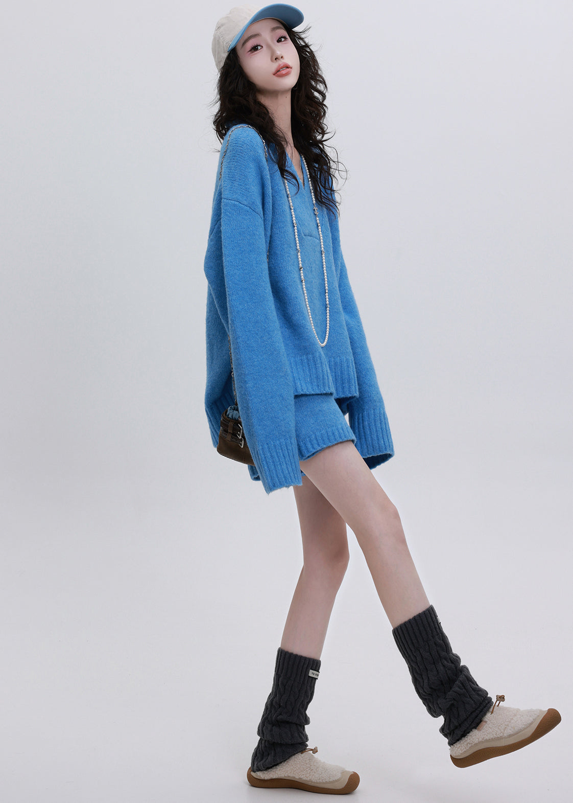 Diy Blue V Neck Asymmetrical Design Knit Two Piece Set Clothing Winter