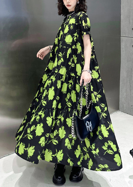Green Print Wrinkled Patchwork Cotton Long Dresses Summer